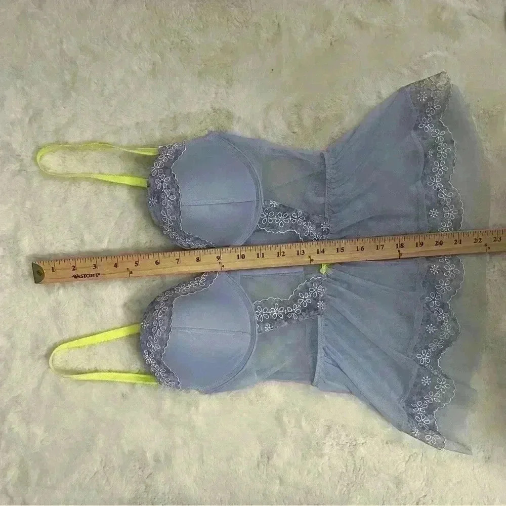 Victoria's Secret Fairycore Babydoll Embroidered Teddy Chemise Lingerie Blue - Picture 4 of 12
